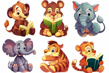 Fototapeta premium cartoon characters cute animals reading books white background