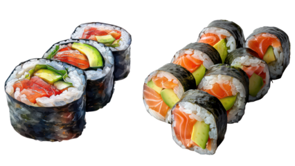Set of Fresh Sushi Roll with Avocado and Salmon, Cut Out Isolated on Transparent Background