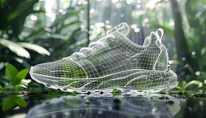 Futuristic wireframe shoe design set against a green background, highlighting technological innovation and eco-friendly concepts