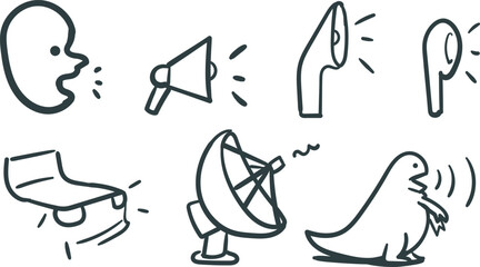 A simple set of icons or drawn logos on the topic of sound or signal transmission. Icons include a human head with an open mouth, a loudspeaker, a speaker, an earpiece, a horn, a car, and dinosaur.