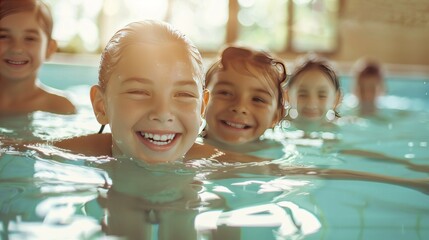 A group of happy kids learning to swim in an indoor summer pool. Children in the group enjoy their swimming pool class, experiencing the joy of swimming during their summer vacation.