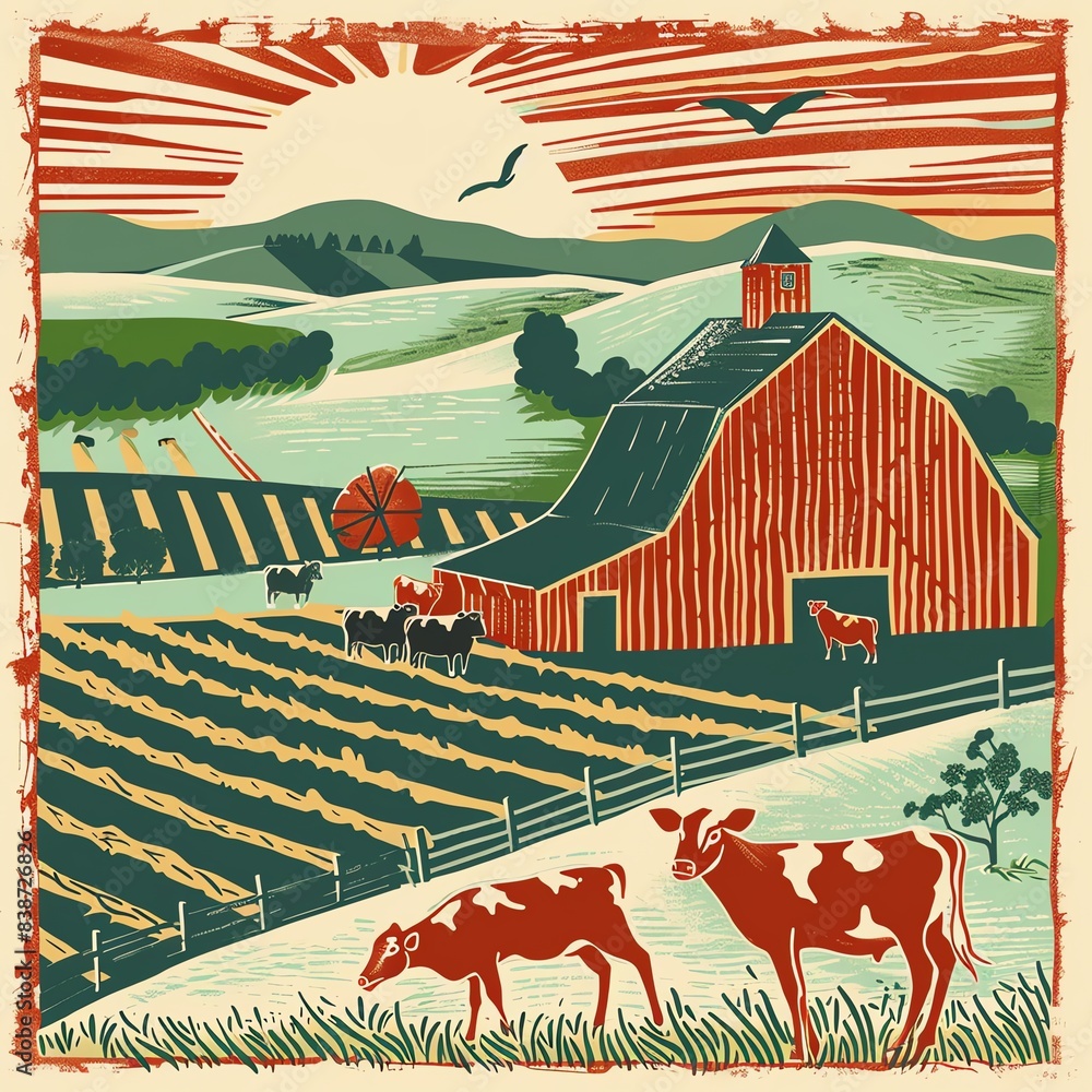 Wall mural vintage illustration of a red barn on a farm with cows and a sunset.