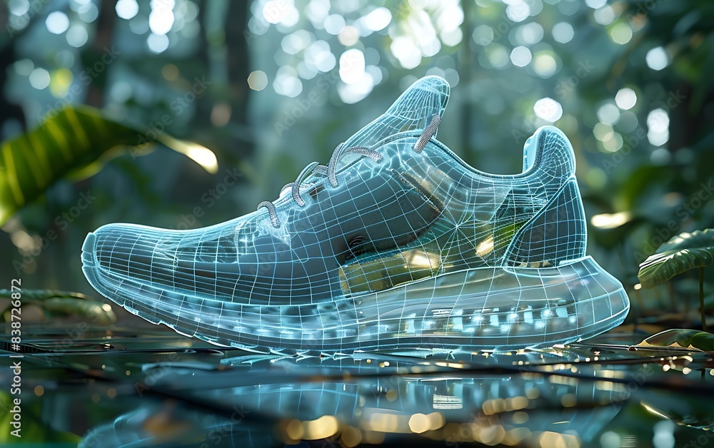 Poster innovative wireframe shoe model displayed on a reflective surface with a green, natural background, 