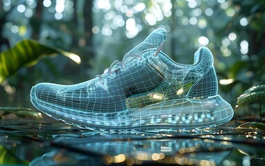 Innovative wireframe shoe model displayed on a reflective surface with a green, natural background, blending technology with nature