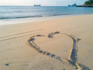 Heart Drawn in Sand on Beach at Sunset with Waves Approaching