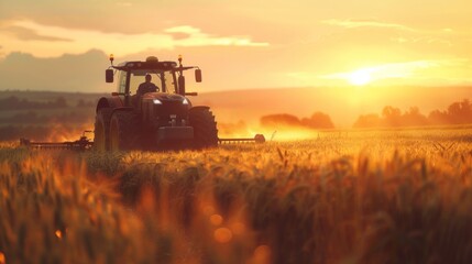 Fototapeta premium Irrigation, tractor driving, spraying, or harvesting an agricultural crop at sunset, with informative infographic data presented as a banner design.