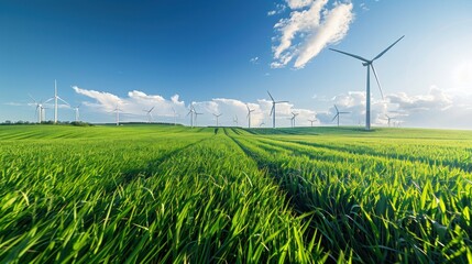 Wind turbines in a natural field harnessing wind energy to generate hydrogen from air or water for pipeline distribution.