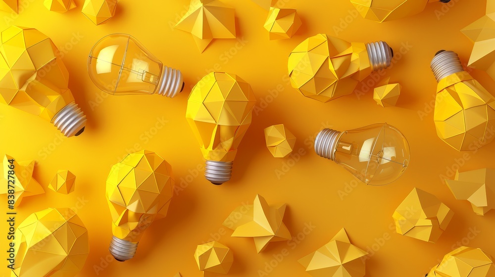 Poster 3d rendering of yellow low poly lightbulb icons with paper texture on bright background. concept for