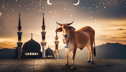 Obraz premium Eid ul-Adha: A Journey of Faith and Sacrifice with the Revered cow in the Shadow of the Mosque