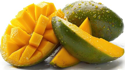 Close-up of fresh, juicy mango slices with water droplets on a white background, showcasing vibrant colors and natural textures..