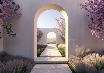 Obraz premium An arched wall with stairs leading to an open space, arches and flowers in the foreground, light beige walls, a natural landscape background