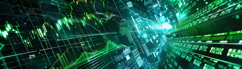 Collage of a bullish stock market with green charts, optimistic traders, and financial success symbols