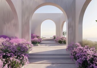 Fototapeta premium An arched wall with stairs leading to an open space, arches and flowers in the foreground, light beige walls, a natural landscape background