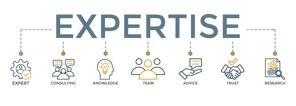 banner icon expertise concept.  icons set with words “expert, consulting, knowledge, team, advice, trust and research” - vector illustration concept