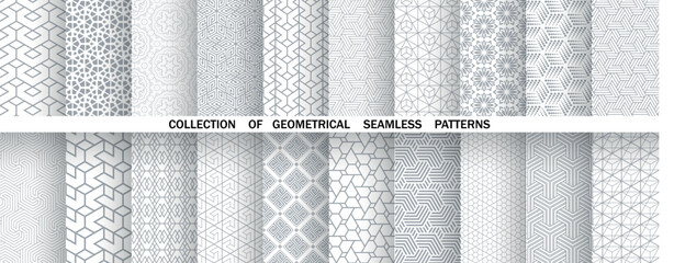 Geometric set of seamless gray and white patterns. Simple vector graphics