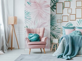 A light pink and turquoise bedroom with palm leaf wall paper, white walls, pastel colors, a pink chair near the bed 