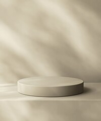 Beige podium on counter, soft beautiful dappled sunlight, leaf shadow on brown texture wall for...