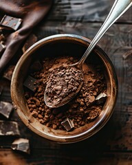 Close-up of rich cocoa powder in rustic wooden bowls, surrounded by cocoa beans and dark chocolate pieces on a wooden table..