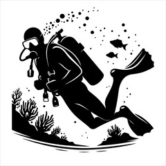 Scuba diving silhouette vector. Scuba diving icon set. Included the icons as underwater, scuba diver, mask, fins, regulator, wetsuit, and more.
