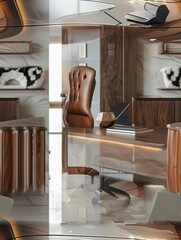 1 Boss's table, executive chair, leather desk pad, laptop, side view, modern office, high detail