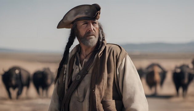 Rugged Frontier Man in Historical Attire with Bison Herd