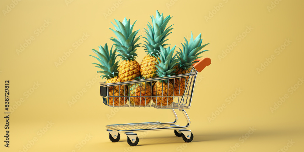 Wall mural Shopping Cart Loaded With Fresh Pineapples. Ripe Pineapples With Green Tops In Metal Grocery Trolley. Generative AI - Wall murals
