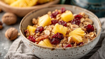 Delicious granola bowl topped with fresh pineapple, cranberries, and mixed nuts, perfect for a healthy breakfast or snack..