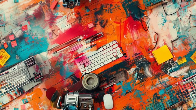 6 Office desk collage, sticky notes, keyboard, mouse, vibrant colors, mixed textures, high detail