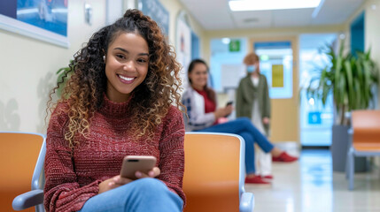 Young happy woman using smart phone in waiting room at doctor's office