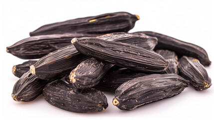 Stack of Black Beans. Close-up of uncooked black beans, showcasing their natural textures and organic quality. Fruit of the Dipteryx odorata tree. 