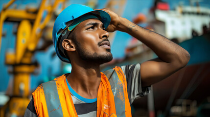 A man in a hard hat looking at something.