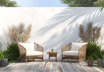 A modern terrace with two chairs and an armchair on wooden flooring, white wall background, green plants behind the wall, tea table between two chairs, and decorative grass in front of one chair