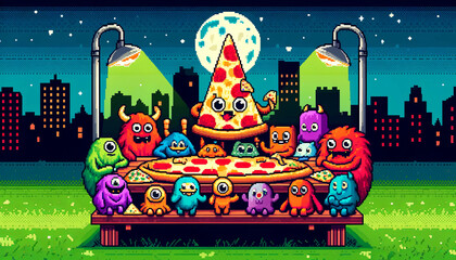 8-bit Monster Pizza Party Under the Moonlight