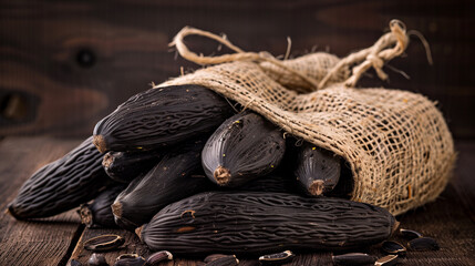 Tonka beans. Fruit of the Dipteryx odorata tree.  dark, elongated seeds tied together with twine, resting on a textured surface.