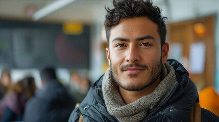 Fototapeta premium A man in a scarf and jacket is smiling.
