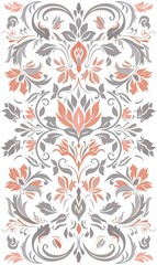 Intricate floral pattern featuring gray and coral accents, perfect for wallpaper, textiles, or decorative design projects..