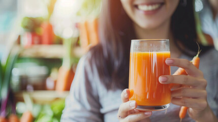 Fototapeta premium Orange detox juice, smiling asian young woman holds a glass of vegetable juice, carrot smoothie for diet, drinking healthy meal food for weight loss on background. Lifestyle, vegan nutrition