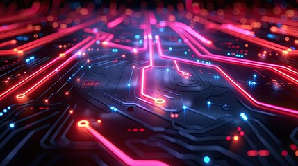 Obraz premium Dynamic abstract image of red and blue light trails representing high-speed data transfer in a digital network..
