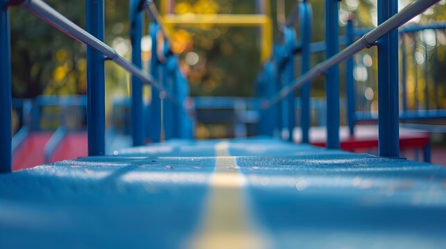 Defocused Calisthenics Training Area with Parallel Bars and Athletes