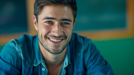 A smiling man in a classroom.