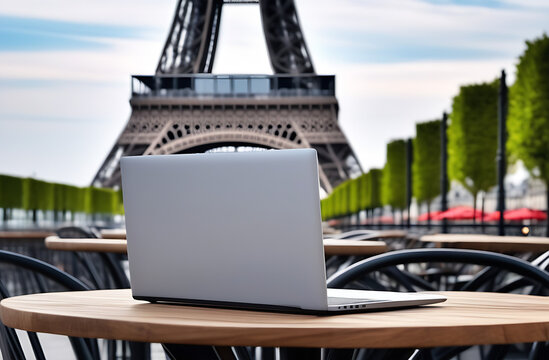 A gray laptop on a round table in a cafe against the background of the Eiffel Tower. The concept of traveling and buying tickets to France. Freelance work on a trip