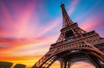 Eiffel Tower on a background of pink sunset and clouds. The concept of travel to Paris