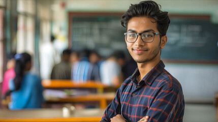 Obraz premium A young man in glasses standing in a classroom.