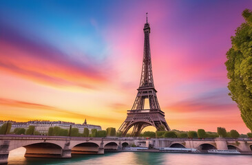 Naklejka premium A beautiful pink sunset on the background of the Eiffel Tower. Beautiful background of Paris.