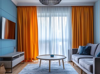A photo of the interior design of an apartment in blue, gray and orange tones with modern furniture and curtains the window