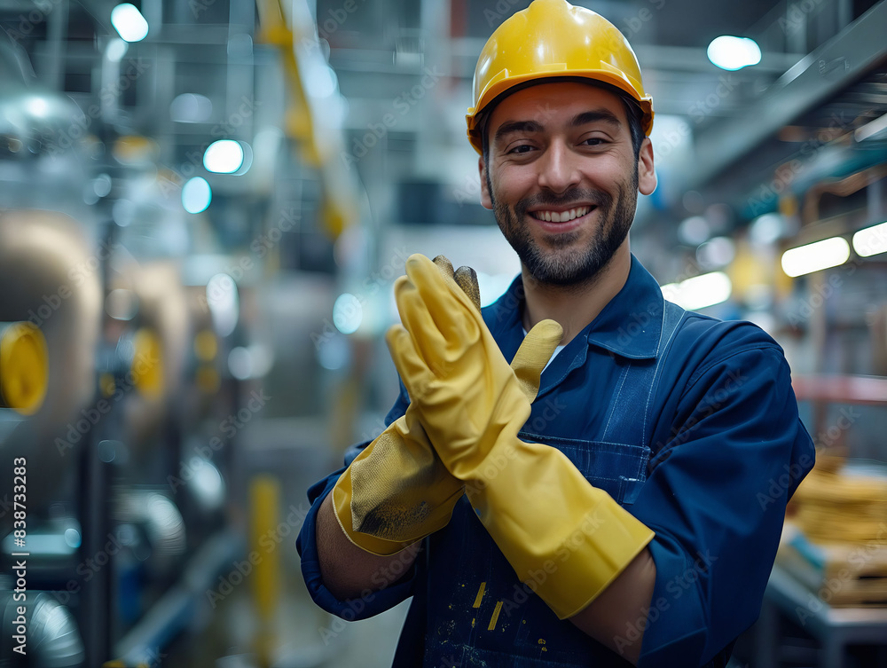 Poster Smiling worker in factory with yellow gloves.