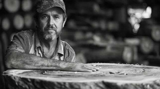 Fototapeta A man in a cap sitting on a log.