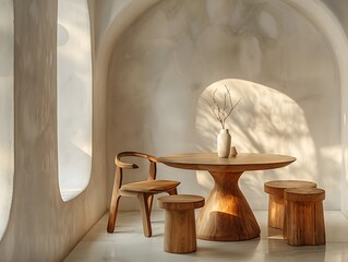 Cafe interior with ceiling mood lighting and wooden tables and chairs, with a clean background of white walls