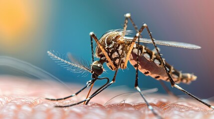 A detailed macro shot of a mosquito biting human skin, highlighting the insect's intricate features and the texture of the skin..