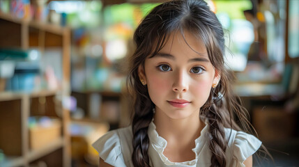 A young girl with long hair looking at the camera.